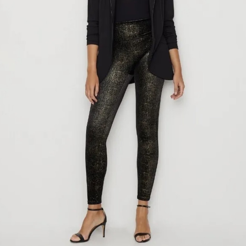 Spanx Black Metallic Velvet High‎ Rise Seamless Leggings Size Medium